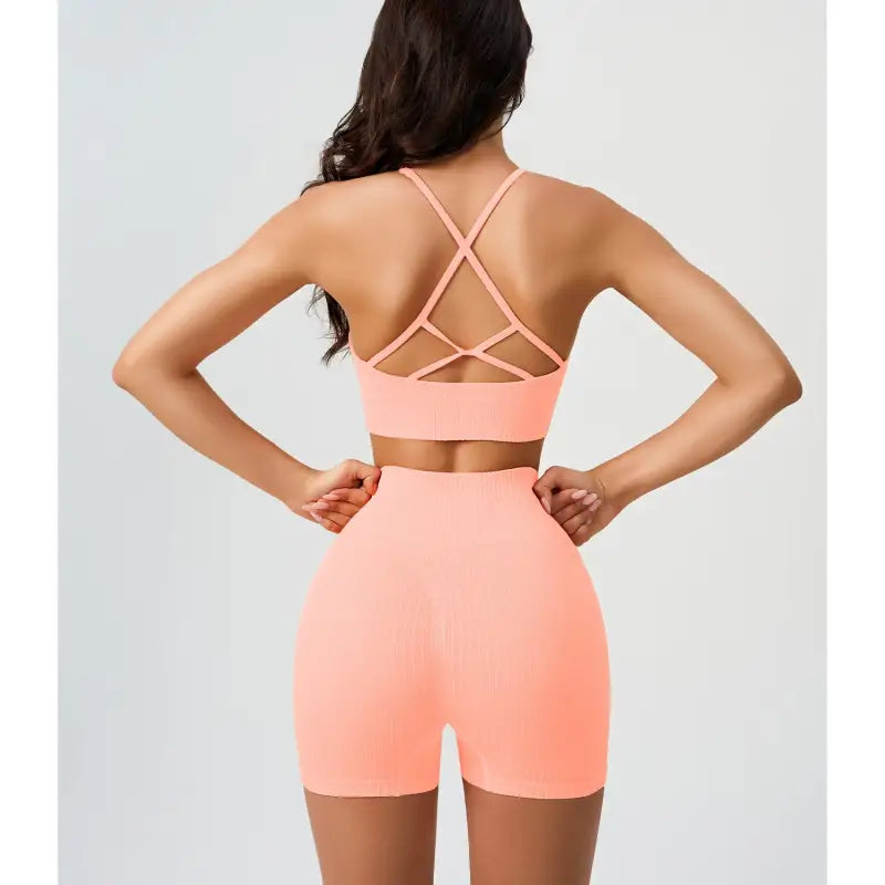 Comfy High Waist Yoga Shorts in Peach Blossom Pink and Dark Coffee Color displayed