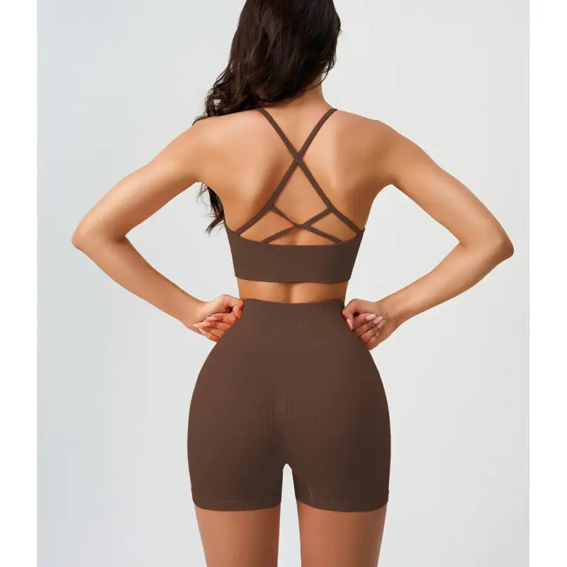 Brown workout set featuring Comfy High Waist Yoga Shorts in Peach Blossom Pink and Dark Coffee Color