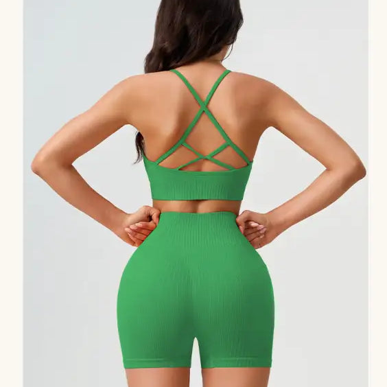 Green athletic set featuring Comfy High Waist Yoga Shorts in Peach Blossom Pink and Dark Coffee Color