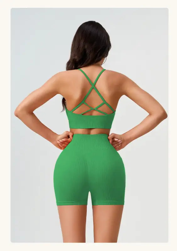 Green athletic set featuring Comfy High Waist Yoga Shorts in Peach Blossom Pink and Dark Coffee Color