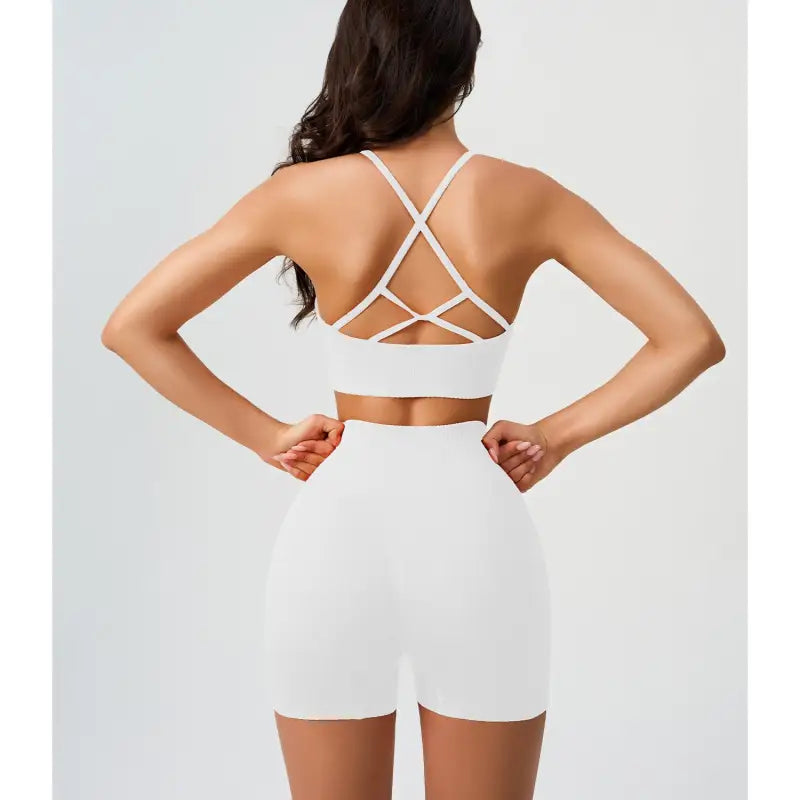 White athletic bra and shorts set featuring Comfy High Waist Yoga in Peach Blossom Pink and Dark Coffee Color