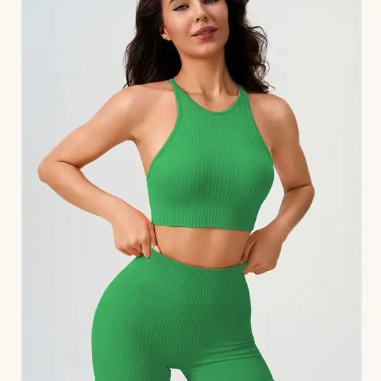 Woman in green ribbed workout set featuring Comfy High Waist Yoga Shorts in Peach Blossom Pink and Dark Coffee Color