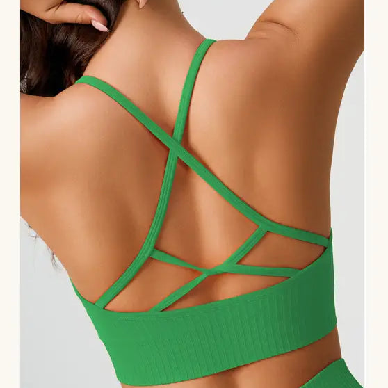Green ribbed sports bra with strappy back for comfy high waist yoga shorts in peach blossom pink and dark coffee color