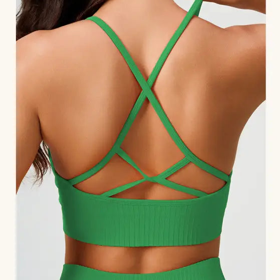 Green ribbed sports bra with crisscross straps for Comfy High Waist Yoga Shorts in Peach Blossom Pink and Dark Coffee Color