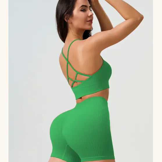 Green athletic set featuring Comfy High Waist Yoga Shorts in Peach Blossom Pink and Dark Coffee Color