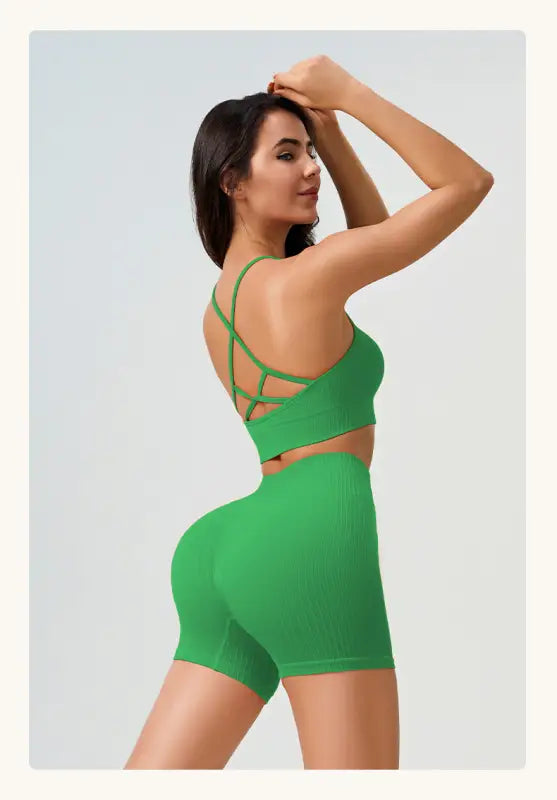 Green athletic set featuring Comfy High Waist Yoga Shorts in Peach Blossom Pink and Dark Coffee Color