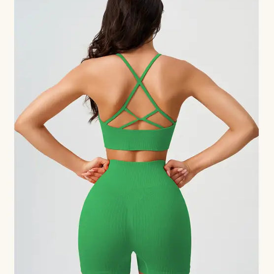 Green athletic set featuring Comfy High Waist Yoga Shorts in Peach Blossom Pink and Dark Coffee Color