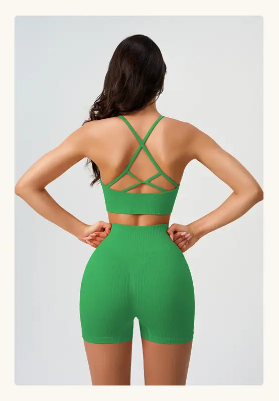 Green athletic set featuring Comfy High Waist Yoga Shorts in Peach Blossom Pink and Dark Coffee Color