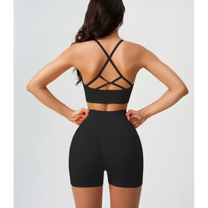 Black athletic bra and shorts set with Comfy High Waist Yoga style in Peach Blossom Pink and Dark Coffee Color