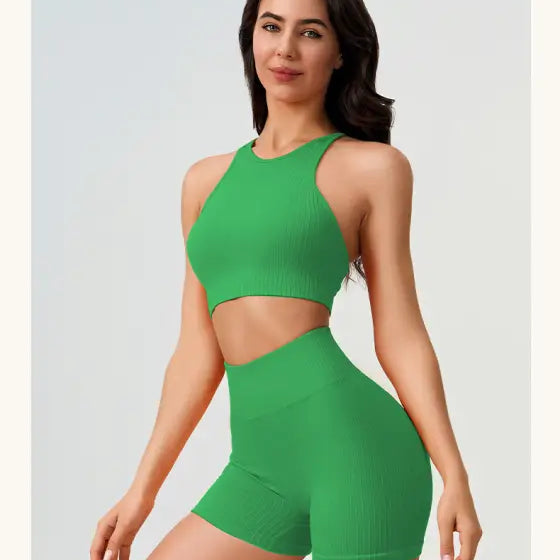 Woman in green ribbed athletic set showcasing Comfy High Waist Yoga Shorts in Dark Coffee Color