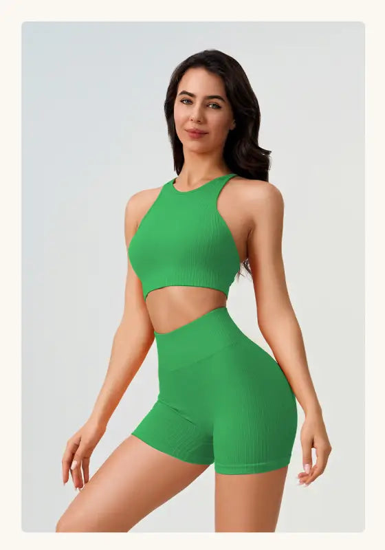 Woman in green ribbed athletic set showcasing Comfy High Waist Yoga Shorts in Dark Coffee Color