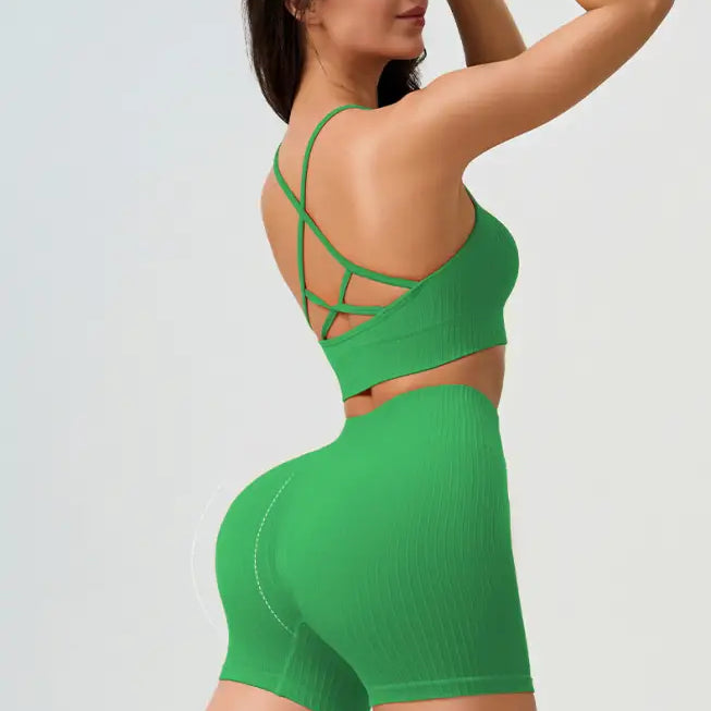 Green athletic set featuring Comfy High Waist Yoga Shorts in Peach Blossom Pink and Dark Coffee Color
