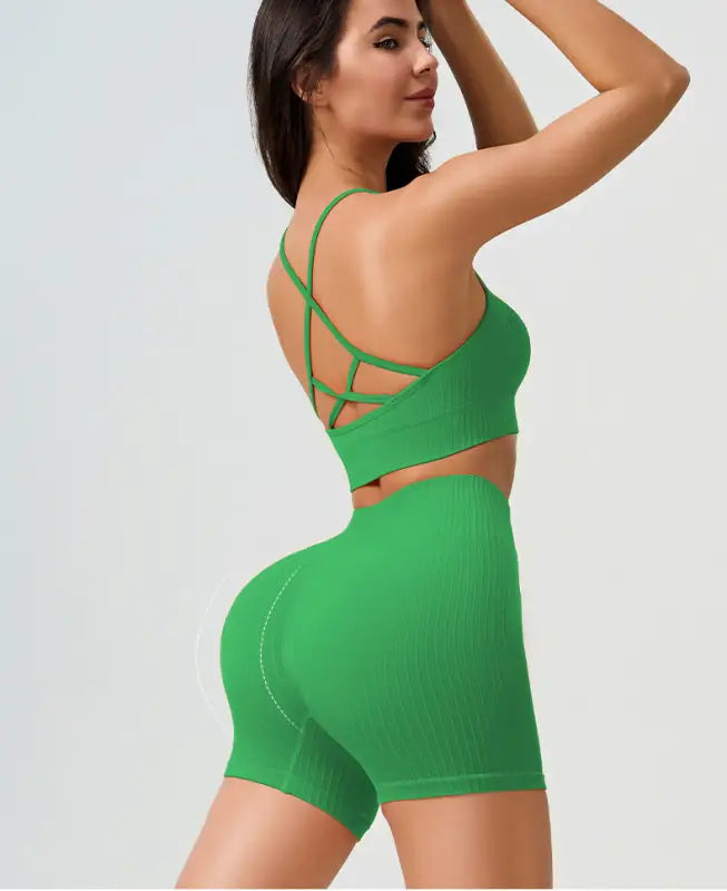 Green athletic set featuring Comfy High Waist Yoga Shorts in Peach Blossom Pink and Dark Coffee Color