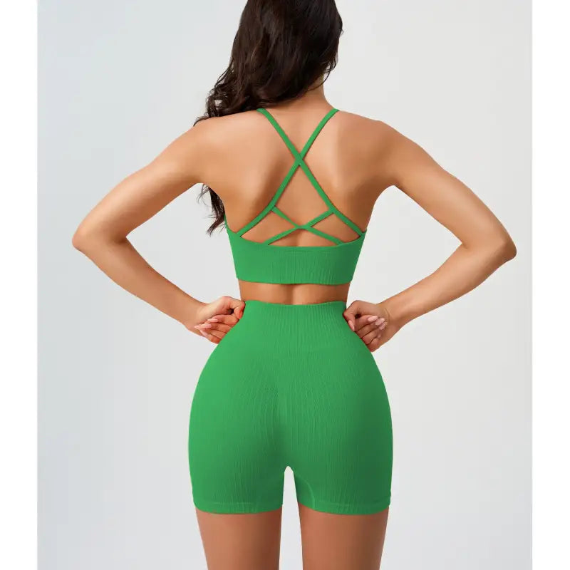 Green ribbed workout set showcasing Comfy High Waist Yoga in Peach Blossom Pink and Dark Coffee Color