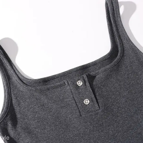 Gray ribbed tank top with two buttons at the neckline, part of the Comfy Outdoor Slim Viscose Spaghetti Strap Maxi Dress