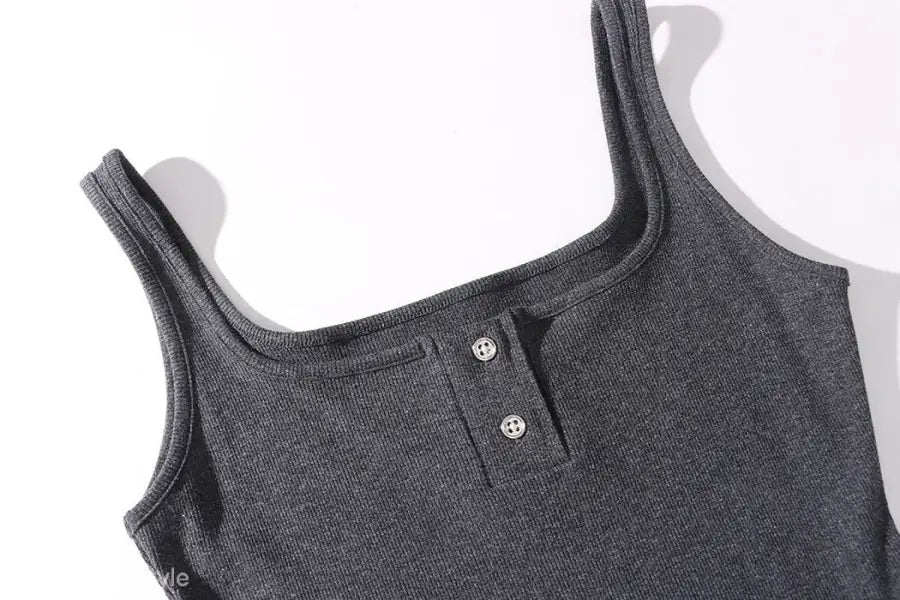 Gray ribbed tank top with two buttons at the neckline, part of the Comfy Outdoor Slim Viscose Spaghetti Strap Maxi Dress