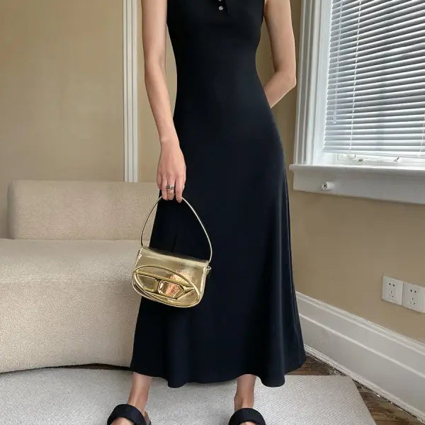 Long black slim dress with square neckline and button details in Comfy Outdoor Slim collection