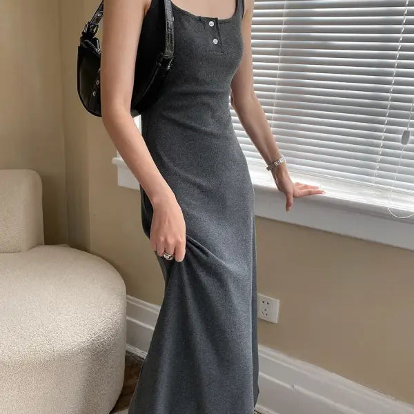 Sleeveless charcoal gray comfy outdoor slim viscose maxi dress with button details
