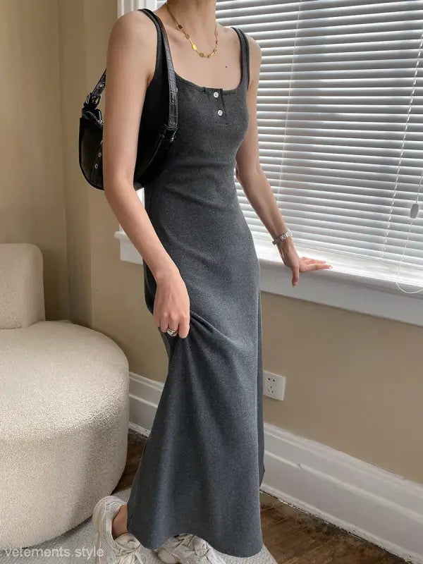 Sleeveless charcoal gray comfy outdoor slim viscose maxi dress with button details