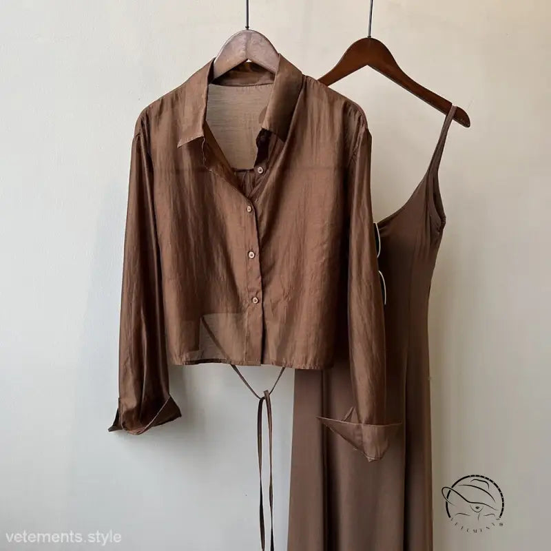 Comfy sunrise cardigan set: brown silk slip dress with cropped blouse