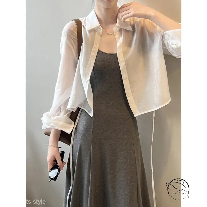 Comfy sunrise cardigan: dark sleeveless dress with sheer white button-up shirt