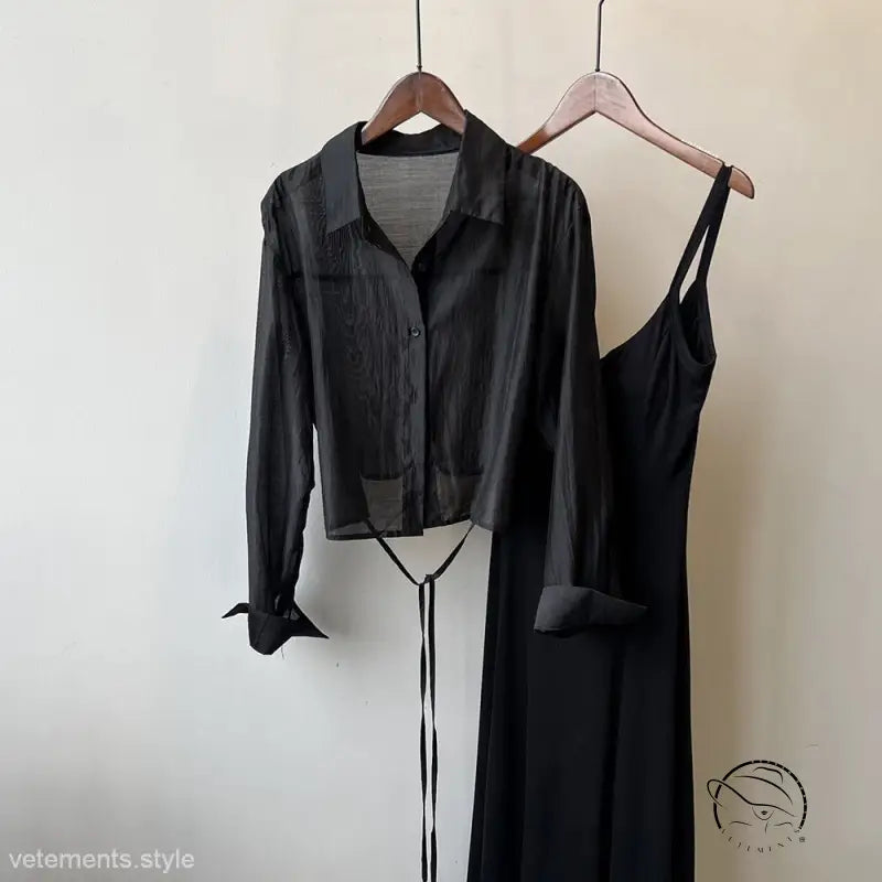 Comfy sunrise cardigan set: black cropped jacket and slip dress on hangers