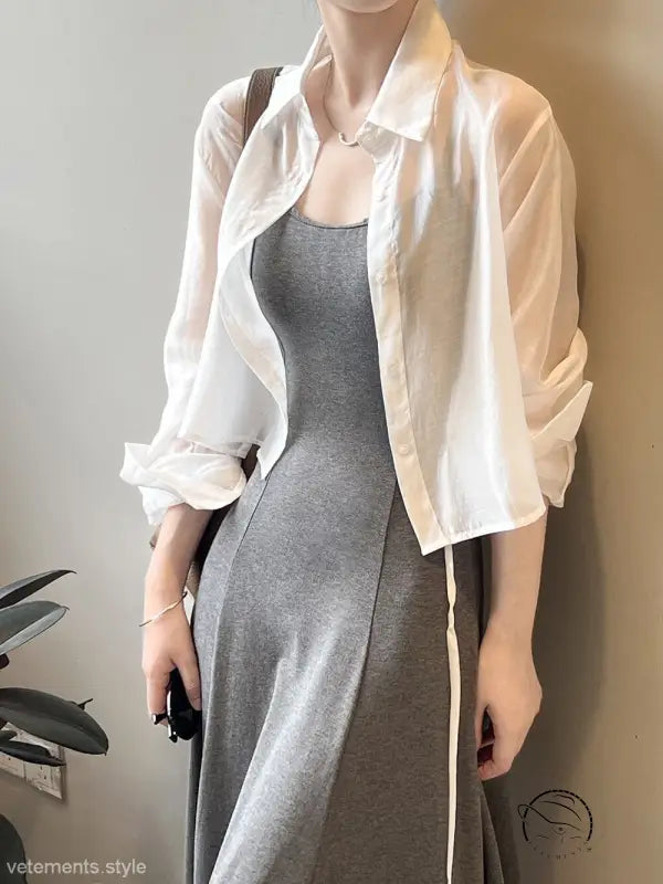 Gray sleeveless dress with white button-up in comfy sunrise cardigan set