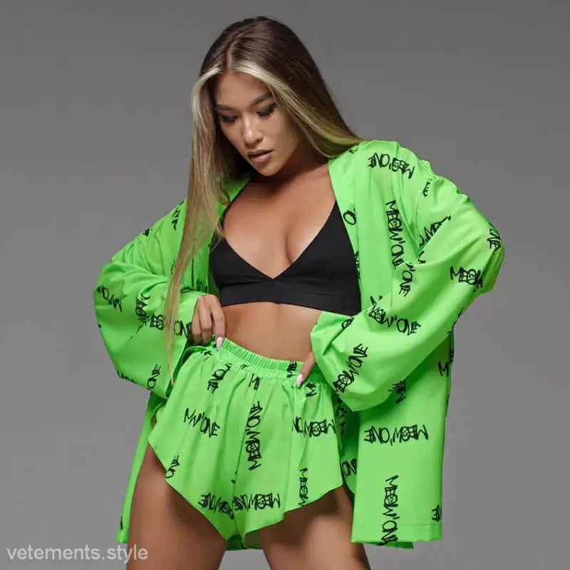 Woman in neon green Comfy Vetements pajamas set, perfect for relaxing with free shipping