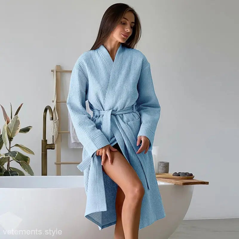 Light blue comfy waffle robe with tie belt, perfect for spring fall long robe hotel stay