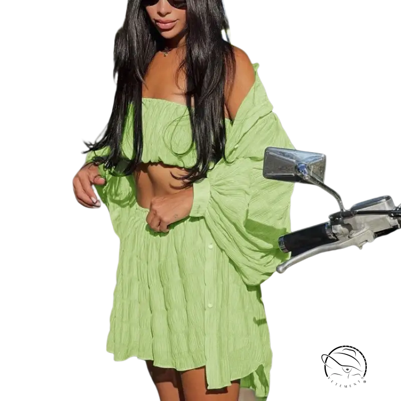 Woman in comfy white summer three-piece set next to motorcycle