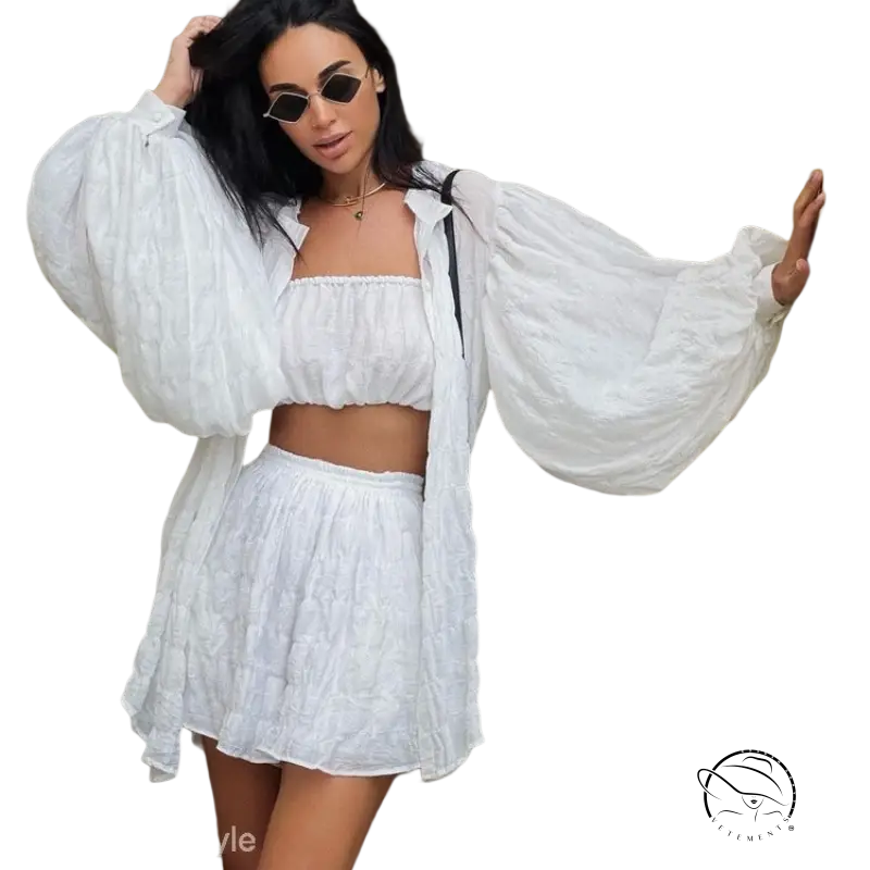 Woman in comfy white summer three-piece set with textured button top