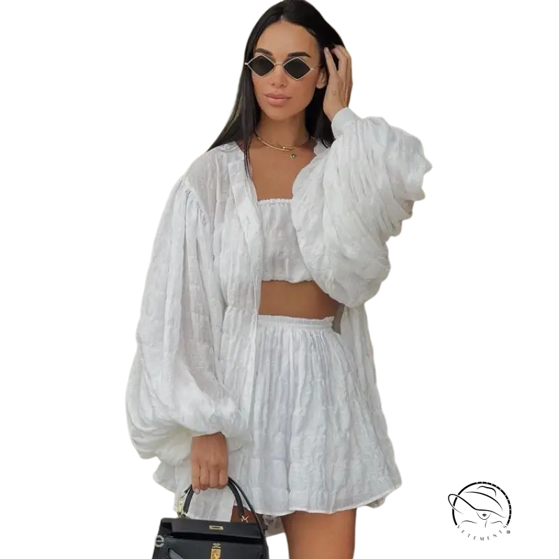 Woman in comfy white summer three-piece set with textured button top