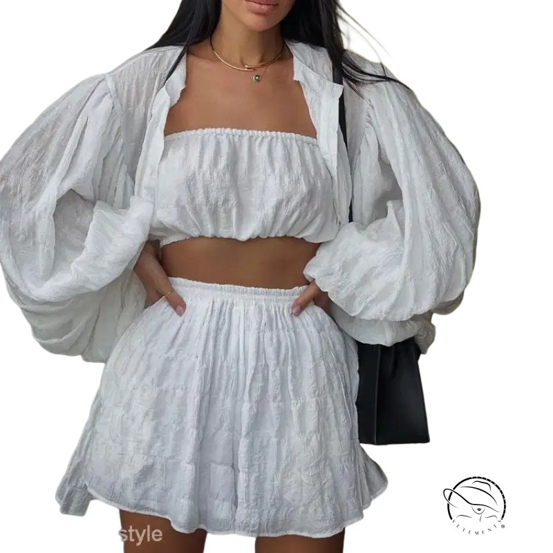 Comfy white summer three-piece set with textured puff sleeves