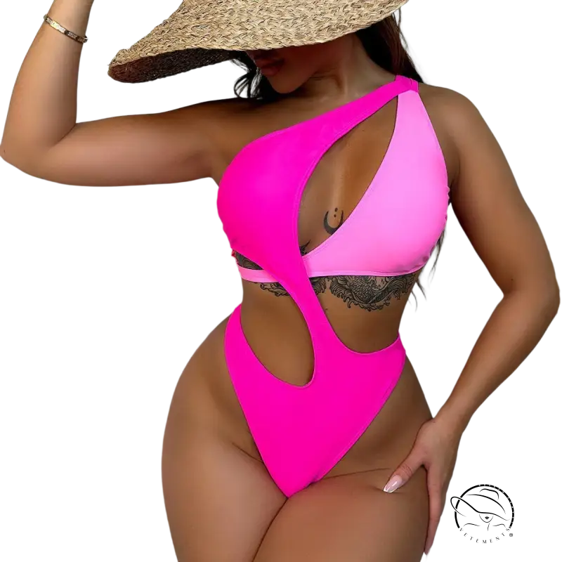 Vibrant coral red asymmetric sleeve cutout bikini with bold pink design and free shipping from Langry