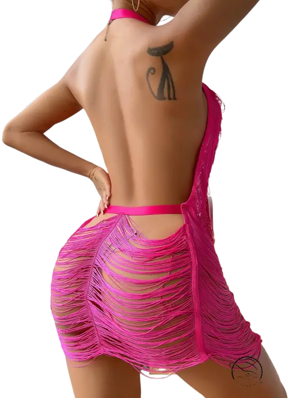 Coral red backless sexy fabric bodycon dress with cat tattoo