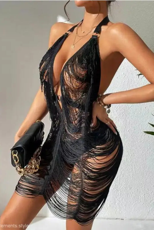 Elegant Coral Red Backless Sexy Fabric Bodycon Dress with Fringed Tassels for Summer Parties