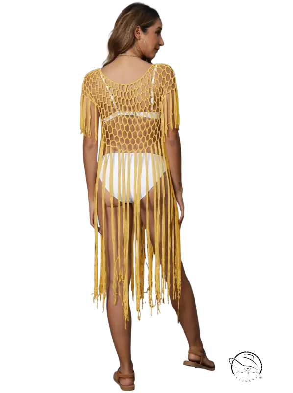 Coral red boho short sleeve top with yellow fringe mesh cover-up