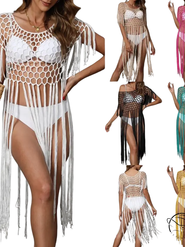 Coral red hand crocheting beach cover-up with white fringe and mesh design