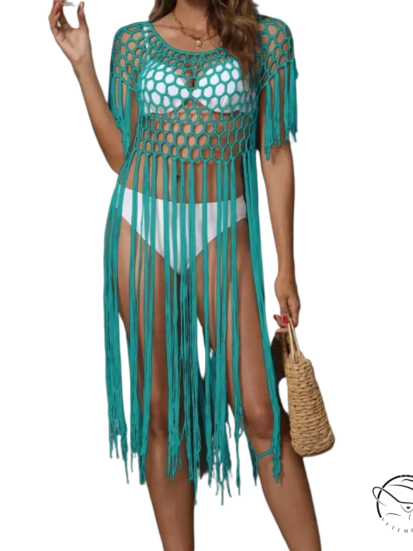 Coral red boho crochet beach cover-up with turquoise fringe and white bikini