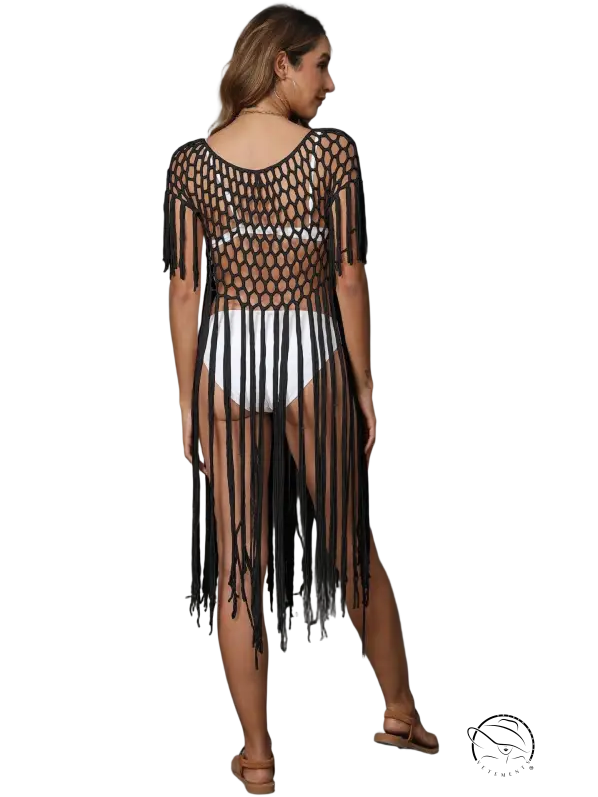 Coral red hand crocheting beach cover-up with black mesh fringe and tassels