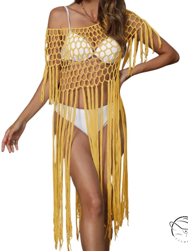 Coral red hand crocheting beach cover-up with yellow macrame fringe
