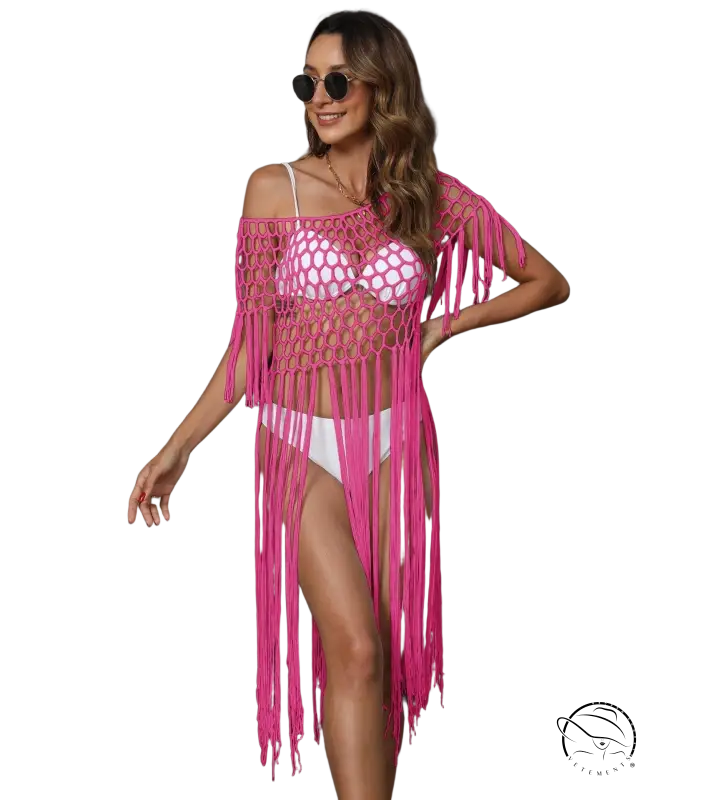 Vibrant coral red boho short sleeve top with pink macrame fringe and mesh pattern