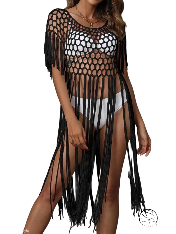 Coral red hand crocheting beach cover-up with black mesh fringe
