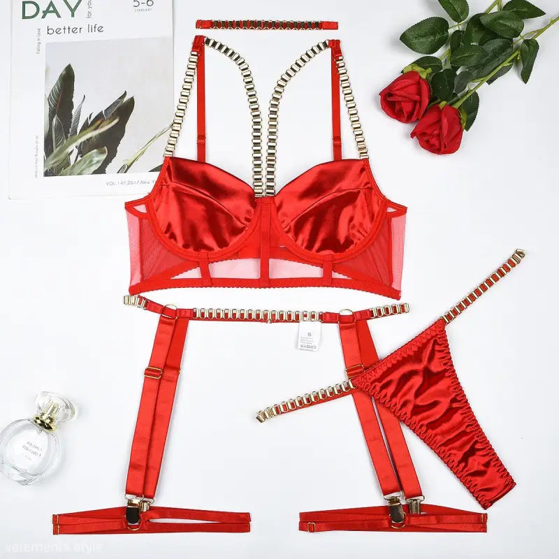 Coral Red Chain Four Piece Set with Bra, Thong, and Garter Belt featuring decorative straps