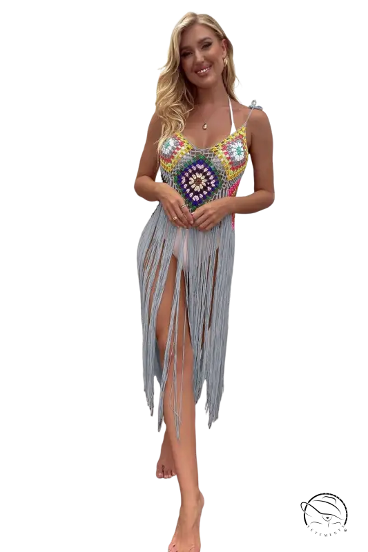 Vibrant coral red floral stitching dress with light blue geometric fringe