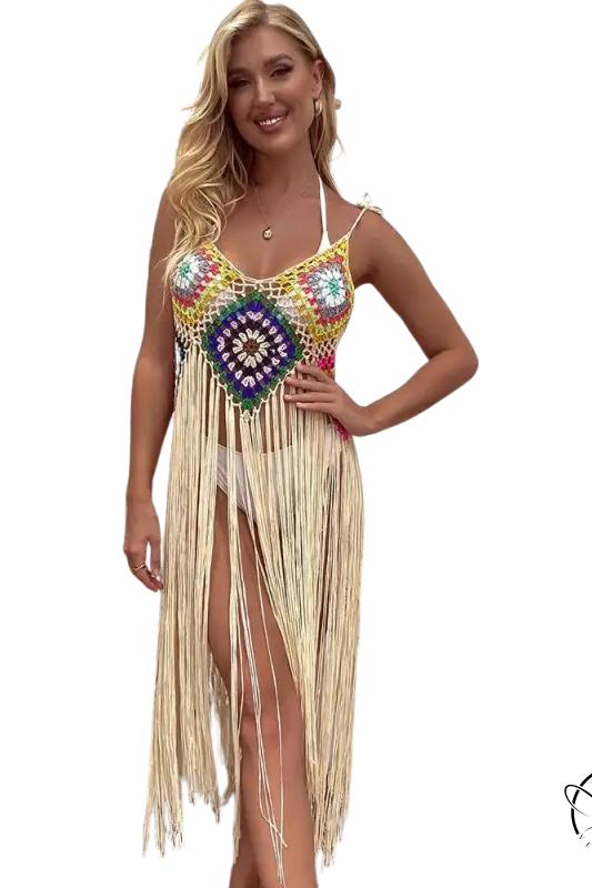 Vibrant coral red floral stitching dress with light blue geometric fringe