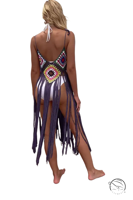 Coral red floral stitching dress with light blue geometric fringe