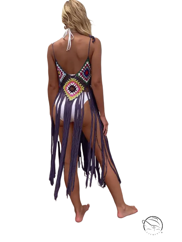 Coral red floral stitching dress with light blue geometric fringe