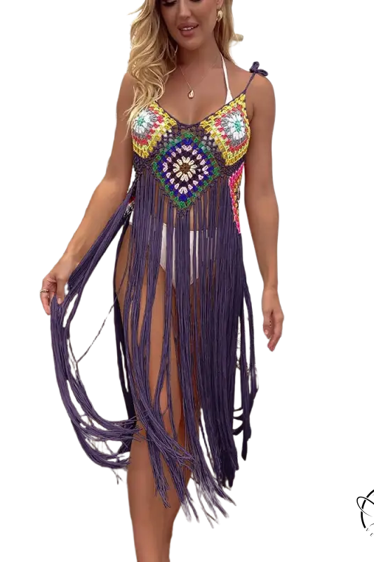 Coral red floral stitching dress with vibrant geometric fringe