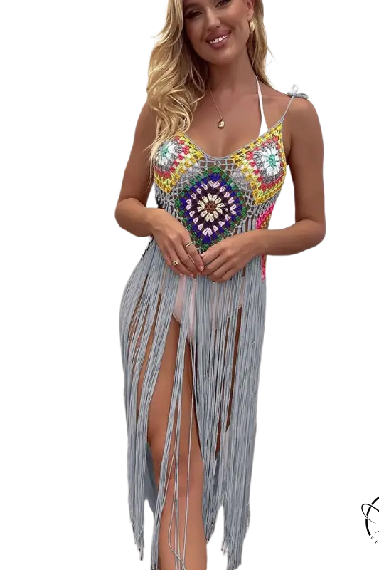 Vibrant coral red floral stitching dress with light blue fringe